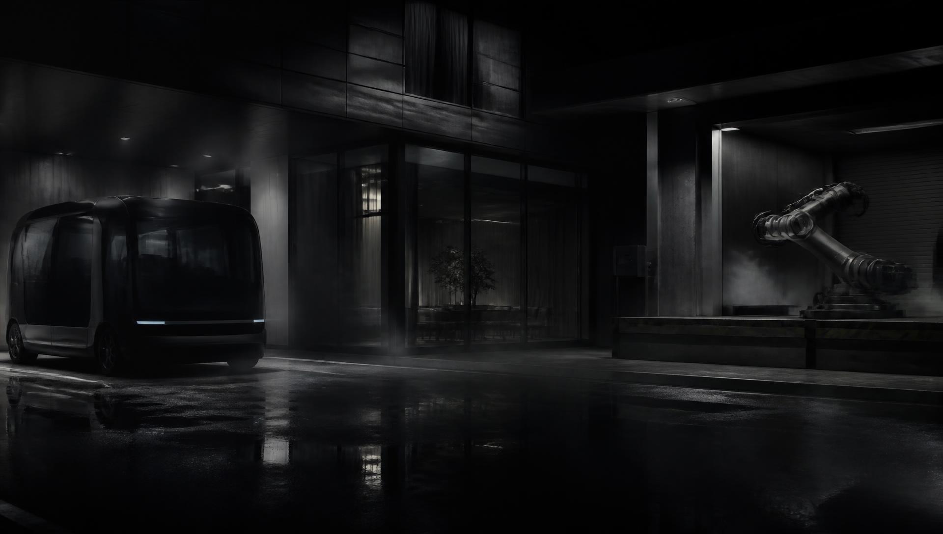 Night forecourt of a hotel with an autonomous shuttle parked at left and an industrial robot arm on the service dock at right