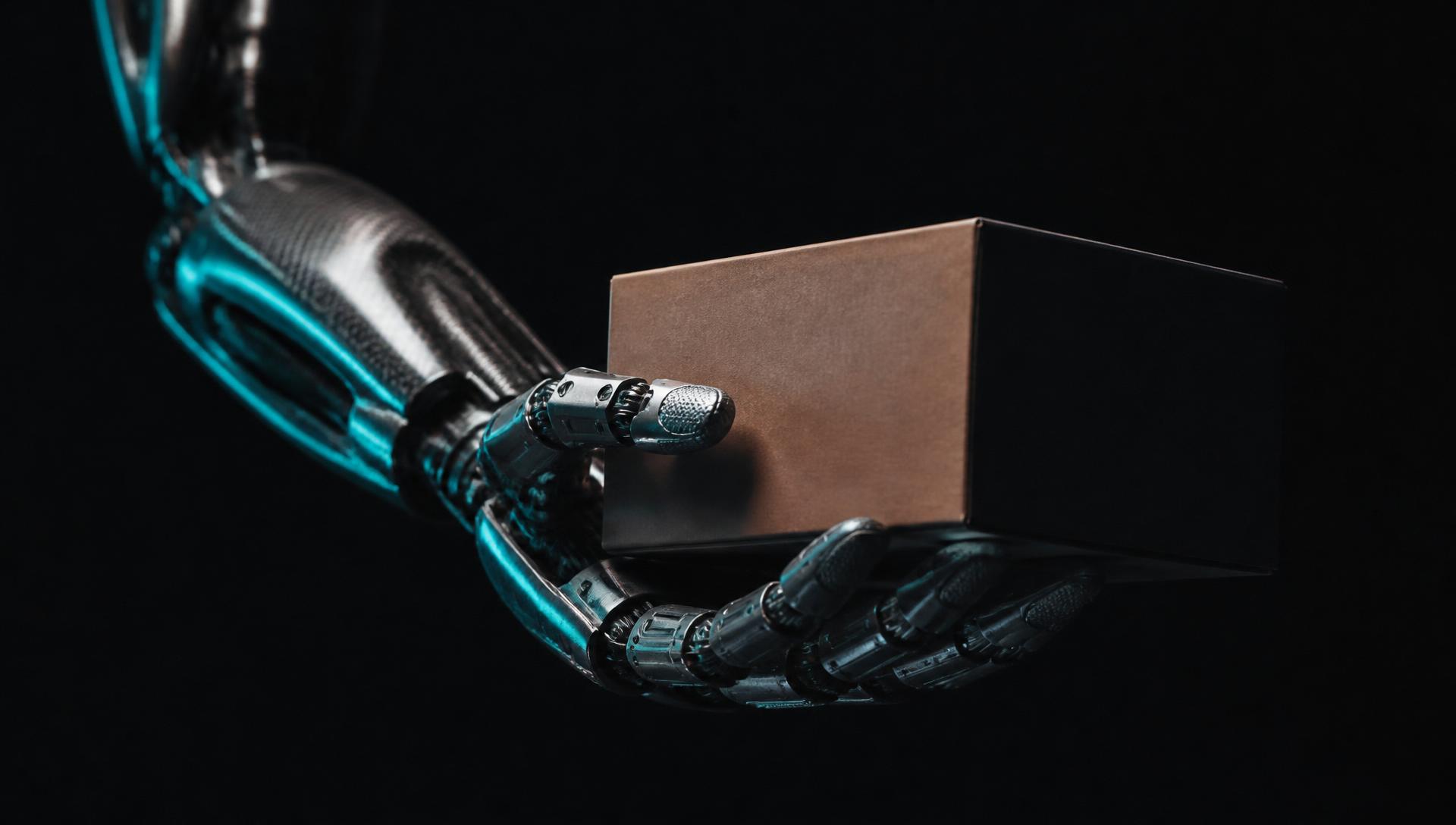 Close view of a humanoid robot hand with machined joints and actuators holding a plain package in near-darkness