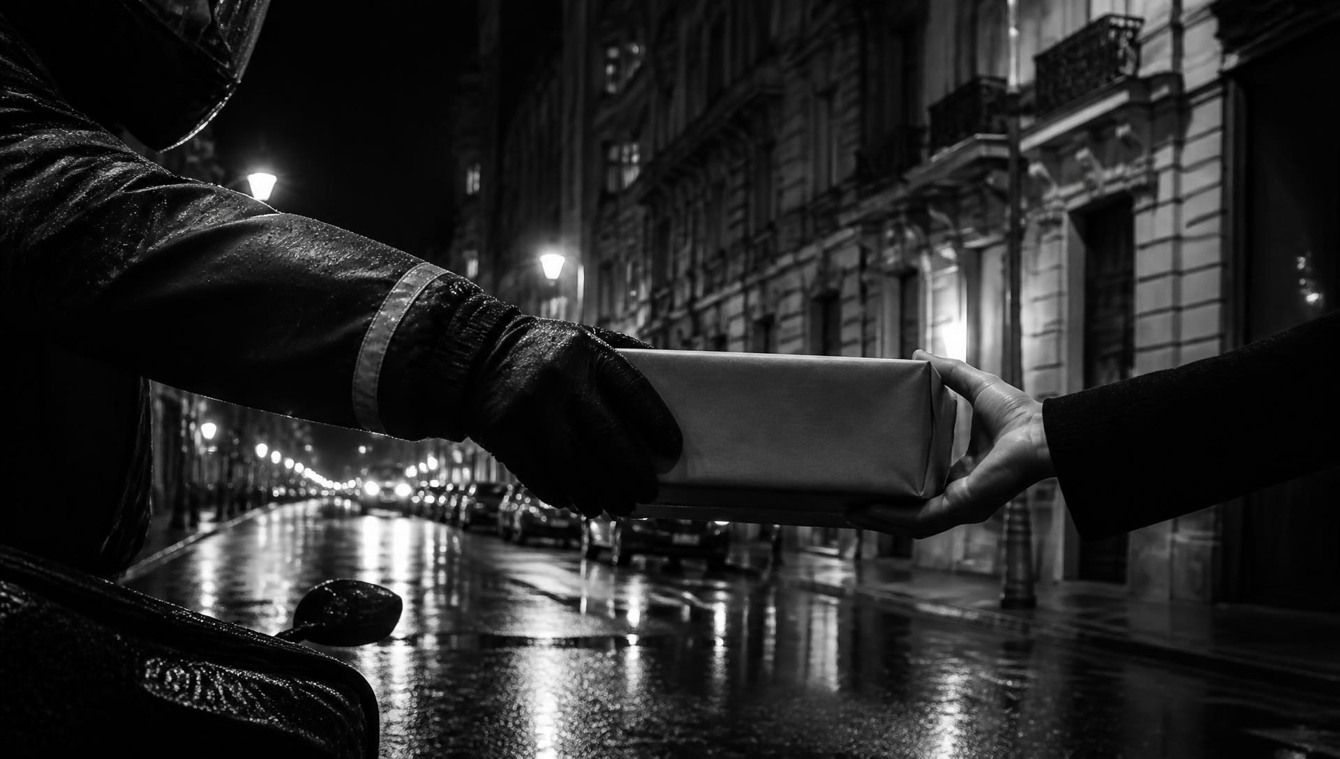 Courier's gloved hand handing a plain parcel to another hand on a rain-wet European street at night