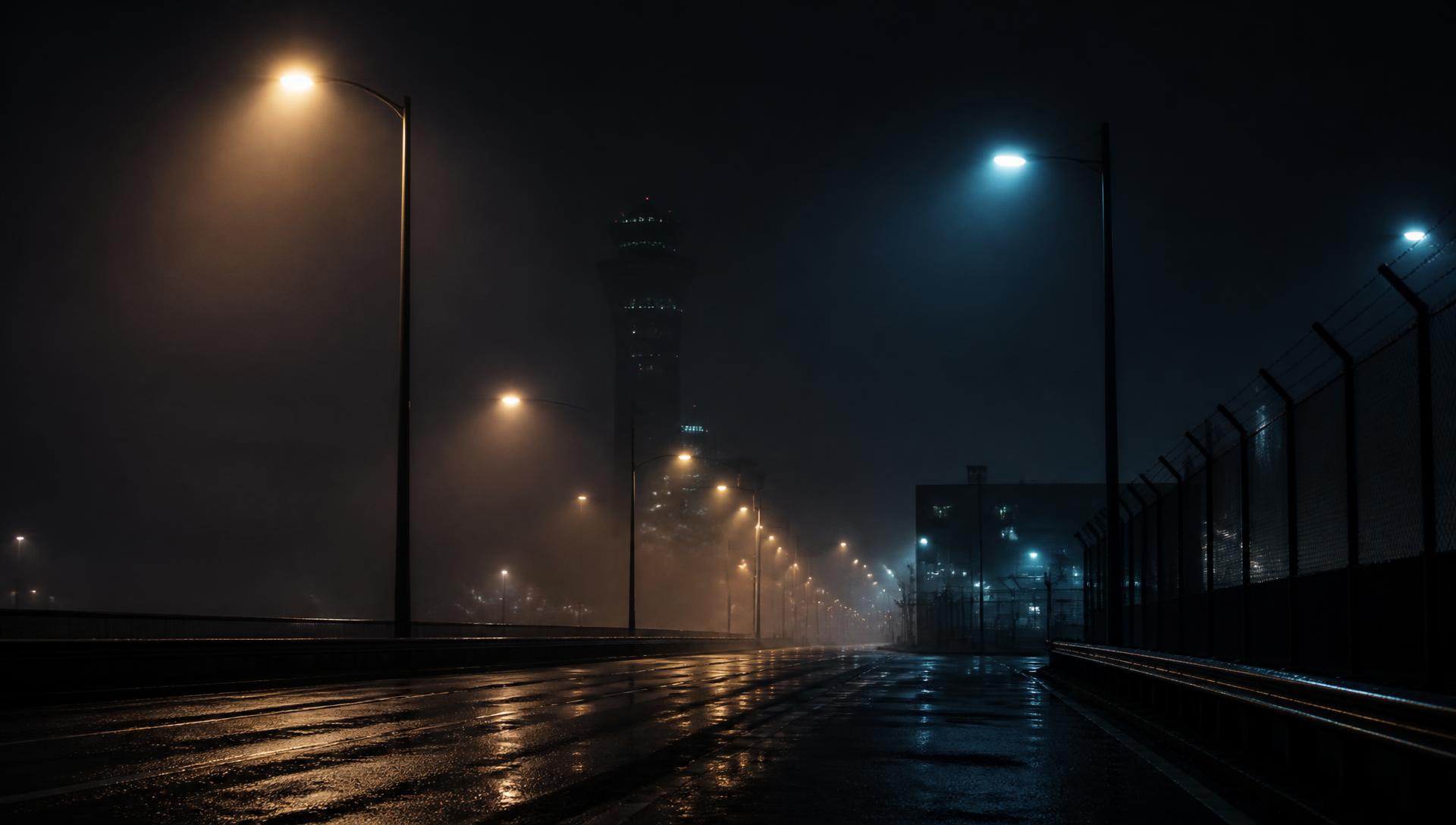 Empty arterial road toward an airport before dawn